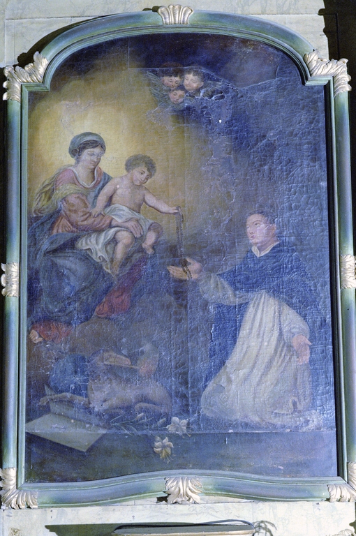 Tableau d'autel : Remise du rosaire à saint Dominique de Guzman, église paroissiale Saint-Samson (La Fontenelle fusionnée en Val-Couesnon en 2019)