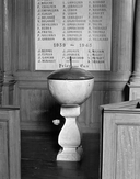 Fonts baptismaux, baldaquin des fonts baptismaux, tableau, église paroissiale Saint-Samson (La Fontenelle fusionnée en Val-Couesnon en 2019)
