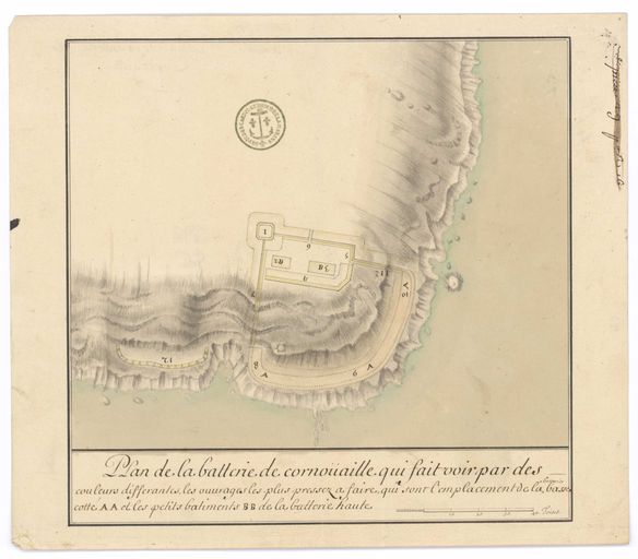 Plan du projet de la batterie de Cornouaille (escarpement, projet de branches tombantes, de batterie haute et de tour-réduit) et de Beaufort pour montrer les ouvrages les plus pressés à faire, 1684 (?) par Mollart