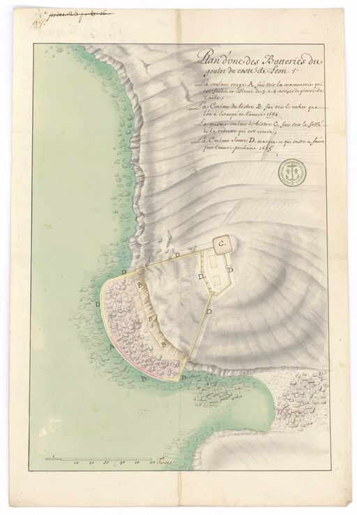 Plan de la batterie de Léon, fait à Brest en 1684 par Mollart. Plan général : travaux éxécutés en 1684, projets pour 1685