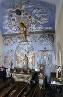 Peinture monumentale : Jérusalem céleste, crucifixion, mort de la Vierge, mort d'Abel et fuite de caïn, Jugement dernier, choeur des neuf anges, église paroissiale Saint-Gérand (Cléguer)
