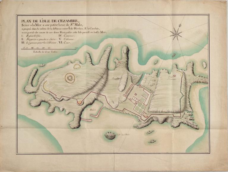 Plan de l'Île Cézembre, 1707. On voit notamment, lavé de couleur jaune : le projet de construction d'une tour-fanal à l'ouest et de trois batteries d'artillerie