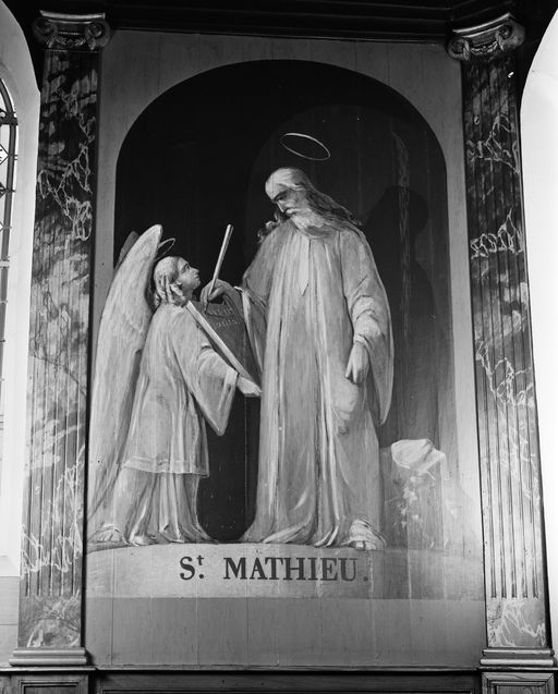 Lambris de hauteur, peinture : les christ en croix, évangélistes, église paroissiale Sainte-Croix (La Croix-Helléan)