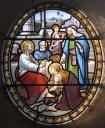 Ensemble de 11 verrières à personnages : Education de saint Louis, Offrande de la France au Sacré Coeur, Scènes de la vie chrétienne