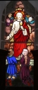 Verrière baie 1, 2, 6 et 7 : Bénédiction du Christ ; Résurrection ; Baptême du Christ, église paroissiale Saint-Martin (Javené)