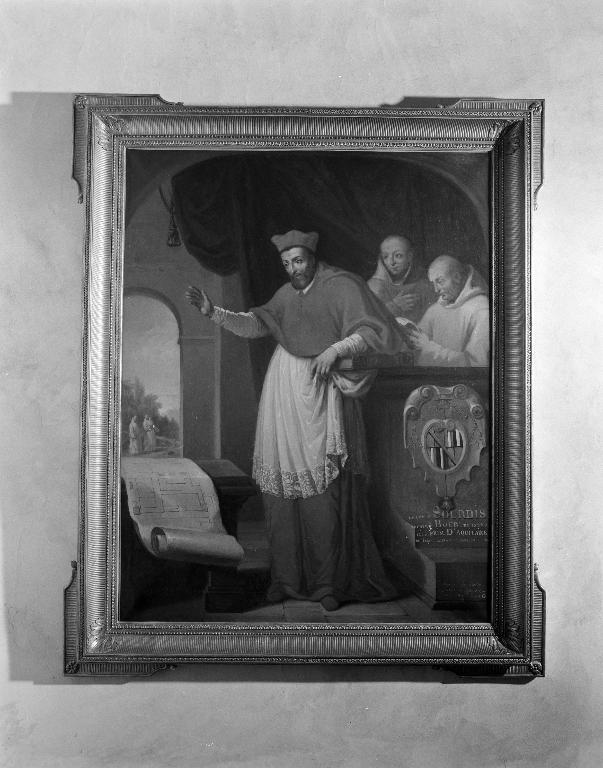 Tableau : le cardinal de Sourdis bénissant le plan de la chartreuse de Bourg, mairie (Pont-Scorff)