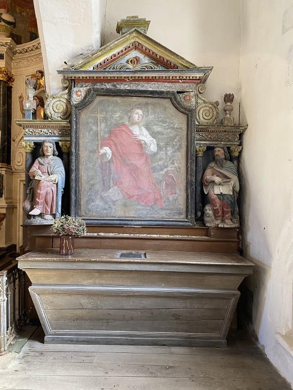 Ensemble de l'autel secondaire sud : autel, retable, 2 gradins d'autel, chapelle Saint-Golven, le Vieux-Bourg (Taupont)