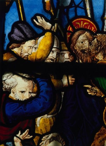 Verrière à personnages de la maîtresse-vitre (baie 0) : Passion du Christ, Résurrection, Descente aux enfers, Dieu le père