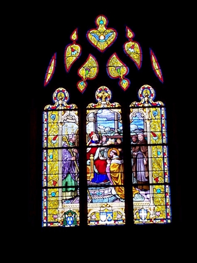 Verrière de la baie 9 (verrière hagiographique, vitrail tableau) : Scène de la vie de saint Samson : intronisation de l'abbé de La Vieuxville (?)
