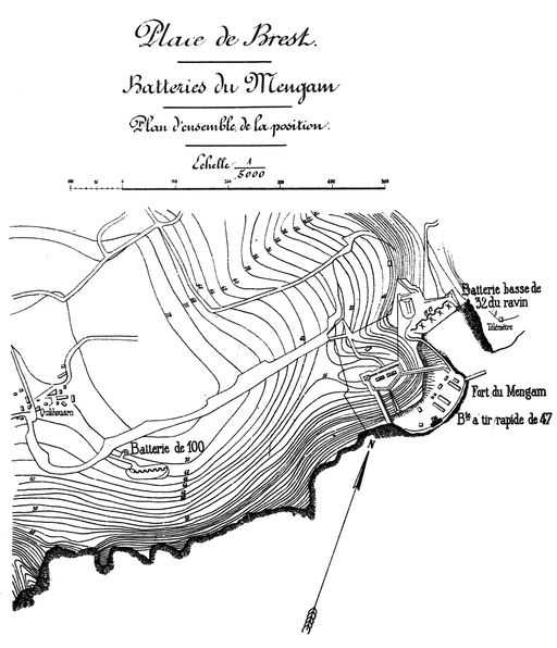 Plan de situation des batteries du Mengant, Atlas des batteries de côte : côte de Brest, 1913