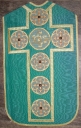 Ornement vert 2 : chasuble, étole, voile de calice, manipule, bourse de corporal