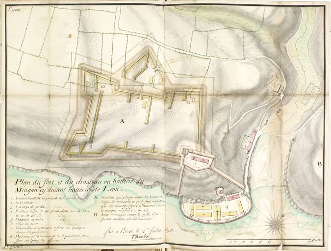 Plan du fort du Mengant et de la batterie de Léon, fait à Brest le 15 juillet 1695 et signé par Vauban