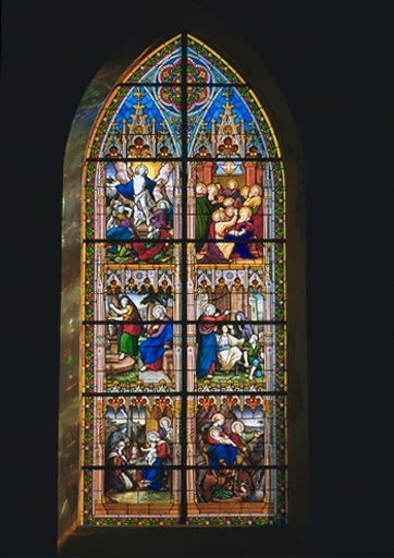 Verrière de la baie 4 (verrière à personnages) : Adoration des Mages, Fuite en Egypte, La Samaritaine au puits, Résurrection du fils de la veuve, Résurrection du Christ, Pentecôte