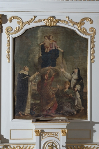 Tableau d'autel : Don du Rosaire à saint Dominique et sainte Catherine de Sienne, en présence du Christ (?) et de sainte Marie-Madeleine