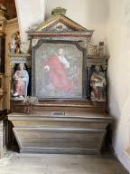 Ensemble de l'autel secondaire sud : autel, retable, 2 gradins d'autel, chapelle Saint-Golven, le Vieux-Bourg (Taupont)
