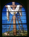 Ensemble des verrières à personnages des baies 1 à 8, 10 : saint Joseph, sainte Anne, saint Convoyon, saint Jean-Baptiste, Vierge de douleur, saint Pierre