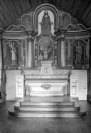 Autel, retable, tabernacle, gradins d'autel (2) (maître-autel, autel tombeau, retable architecturé), église paroissiale Saint Corentin (Glomel)