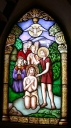 Verrière à personnages de la baie 00 : Baptême du Christ et 3 verrières décoratives des baies 2, 4, 6
