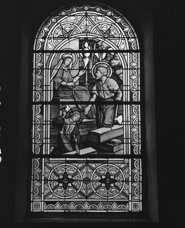 Verrière 4 (verrière à personnages, verrière hagiographique, grisaille décorative), église paroissiale Saint-Gervais, Saint-Protais (Saint-Avé)
