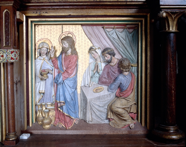 Ensemble du maître-autel (autel, retable, tabernacle, 3 degrés) : Multiplication des pains, Noces de Cana