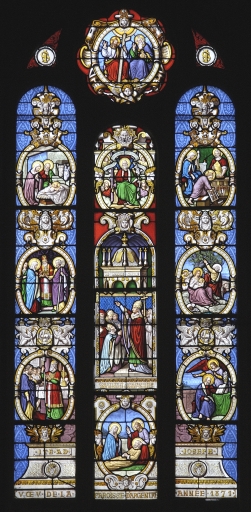 Ensemble des 2 verrières à personnages des baies 3 et 4 : Scènes de la vie de saint Joseph et Scènes de la vie du Christ