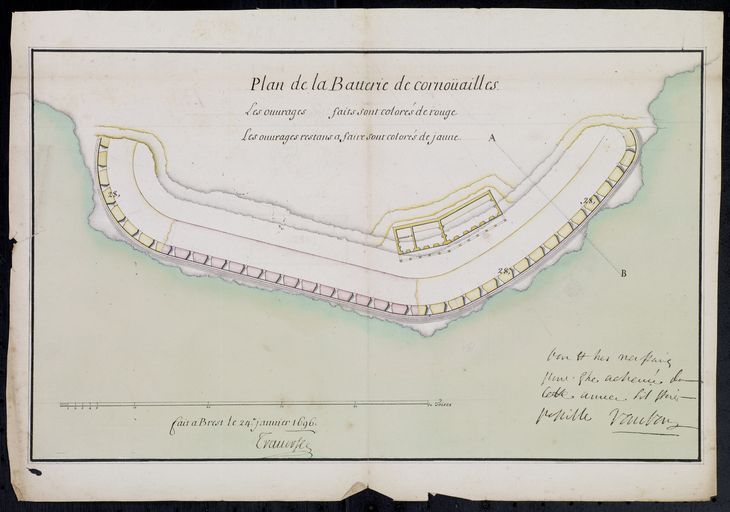 Plan de la batterie de Cornouaille, fait à Brest le 24 janvier 1696 par Traverse contresigné par Vauban