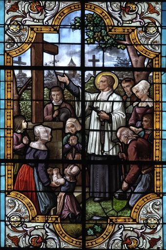 Ensemble des 6 verrières à personnages des baies 1, 2, 5 à 8 : Bienheureux Louis-Marie Grignion de Montfort, Éducation de la Vierge, Annonciation, Présentation du Christ au temple, Don des clés, et des verrières décoratives des baies 2 et 3