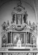 Retable, autel, statue (3), tableau (autel secondaire, retable architecturé) : Vierge à l'Enfant, saint Louis, sainte Marguerite, Donation du rosaire, église paroissiale Saint-Pierre (Coësmes)