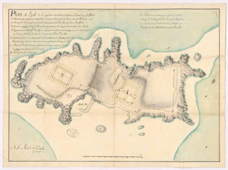 Plan de l'Île Cézembre par l'ingénieur Garengeau, 21 septembre 1721. Lavé de couleur jaune, il s'agit d'un projet de lazaret ou maison de santé