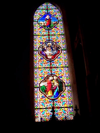 Verrière de la baie 2 (verrière à personnages ; vitrail archéologique) : Bon Pasteur, Cène, Eucharistie