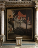 Tableau : scènes de la vie de saint Mathurin, saint Mathurin au chevet d'un mourant, saint Mathurin exorcisant Théodora, église paroissiale Saint-Pierre Saint-Paul (Kergrist)
