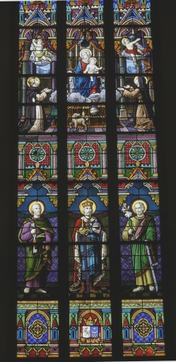 Ensemble des verrières des baies 105 et 106 : Don du Rosaire, Saints Pierre, Henri, et Joseph ; Apparition du Sacré Coeur, Saints Louis et Paul, Sainte Hélène