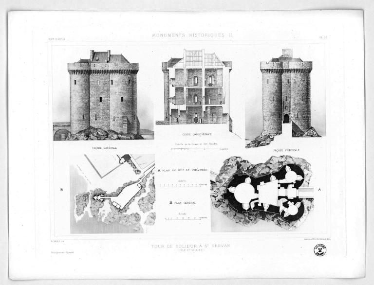 Monuments historiques II. 14e siècle. Planche 53. Tour de Solidor à Saint-Servan (Ille-et-Vilaine). Façade latérale. Coupe longitudinale. Façade principale. Plan du rez-de-chaussée. Plan général. (Albert Ballu ; héliogravure Chauvet)