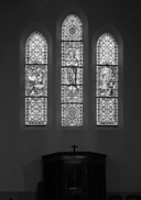 Ensemble de 7 verrières à personnages des baies 0 à 6 : Éducation de la Vierge, Saint Joseph, Saint Fiacre, Donation du Rosaire, Immaculée Conception, apparition de lourdes, Sacré-Cœur et Sainte Marguerite-Marie Alacoque, Sacré-Cœur, Crucifixion, église Sainte-Zéphirine (Tréal)