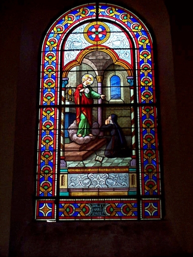 Verrière de la baie 1 (verrière historiée) : Apparition du Sacré Coeur à Marguerite-Marie Alacoque