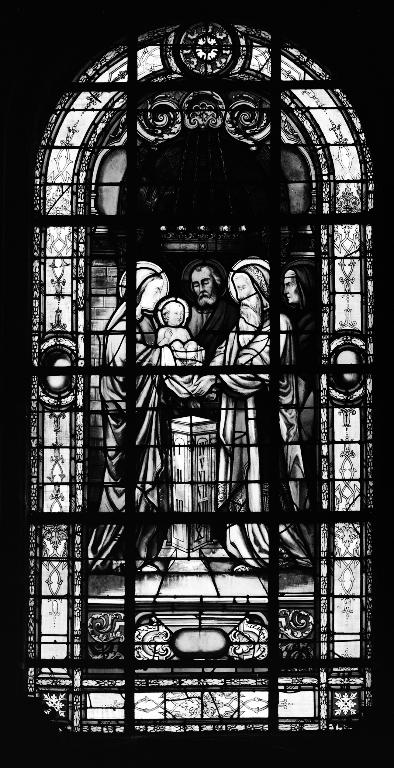 Verrière à personnages de la baie 0 : Présentation au temple, église paroissiale Sainte-Édiltrude (Tréflez)