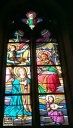Ensemble des 3 verrières à personnages des baies 0 à 2 : Couronnement de la Vierge, Prédication et mort de saint Melaine