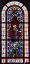 Ensemble des verrières à personnages des baies 107, 110, 00 : Saint Pierre, Immaculée Conception, Christ en croix