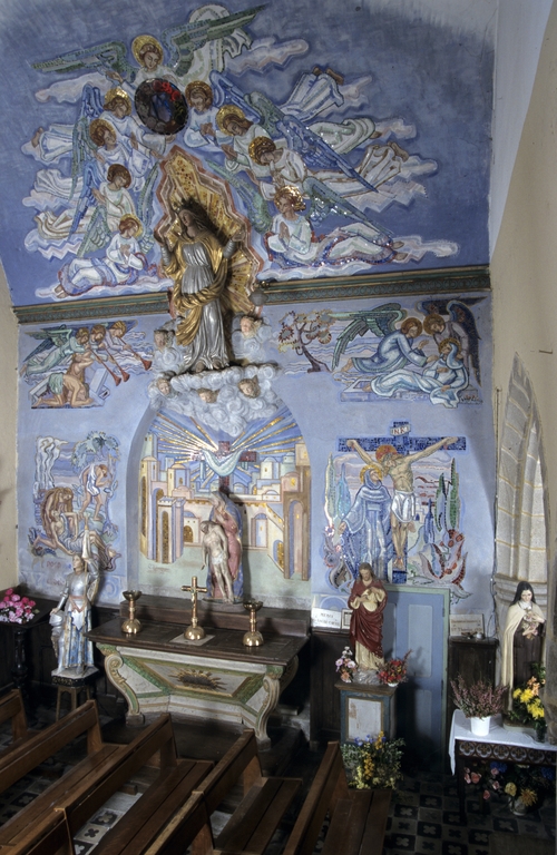 Peinture monumentale : Jérusalem céleste, crucifixion, mort de la Vierge, mort d'Abel et fuite de caïn, Jugement dernier, choeur des neuf anges, église paroissiale Saint-Gérand (Cléguer)