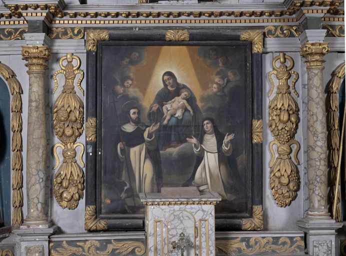 Tableau d'autel : Don du Rosaire à saint Dominique et à sainte Catherine de Sienne, église Saint-Étienne (Saint-Abraham)