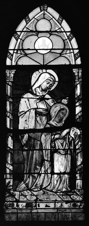 Verrière à personnages de la baie 4 : Éducation de la Vierge, église paroissiale Saint-Pierre (Plouescat)