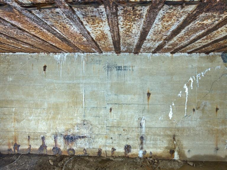 Vue du mur sud du magasin à munitions : peinture murale de couleur noire figurant une araignée sur sa toile entourée d'une inscription en lettre gothique (Eïner / immer)