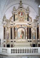 Retable, autel, groupe sculpté, haut-relief, statue (2, autel secondaire, retable architecturé) : sainte Christine, sainte Germaine, sainte Famille, église paroissiale Saint-Pierre (Coësmes)