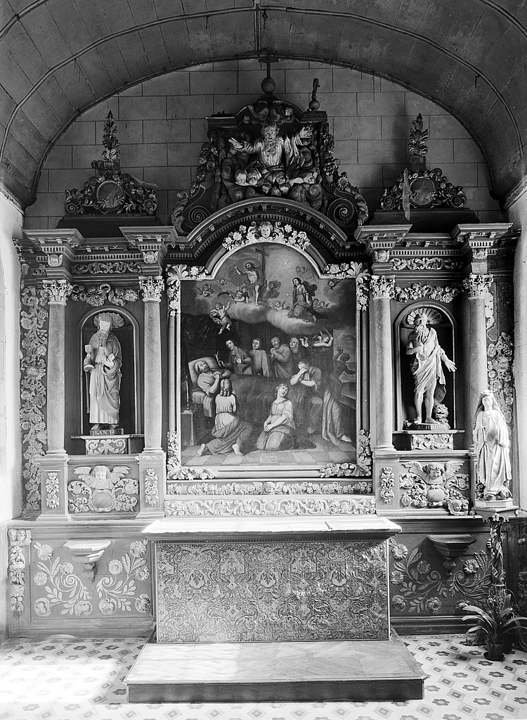 Autel, retable, gradins d'autel (2), devant d' autel (autel secondaire, autel tombeau, retable architecturé) : des Agonisants, église paroissiale Notre-Dame-de-Croas-Batz (Roscoff)