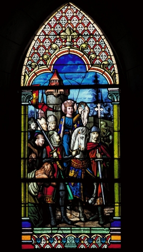 Verrière à personnages de la baie 9 : Saint Louis rapporte la Couronne d'épines