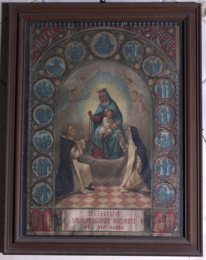 Estampe encadrée : Don du Rosaire à saint Dominique et du Sacré coeur à sainte Catherine de Sienne