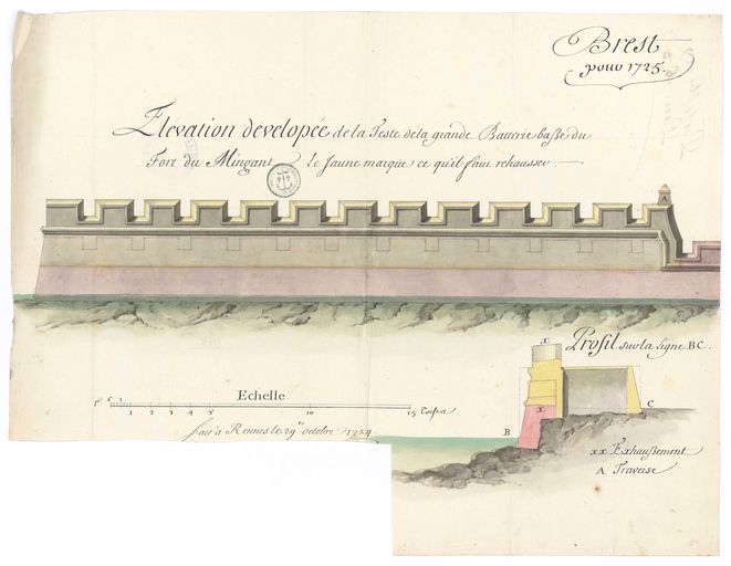 Elévation et profil de la partie ouest de la batterie du Mengant, fait à Rennes le octobre 1724 par Robelin